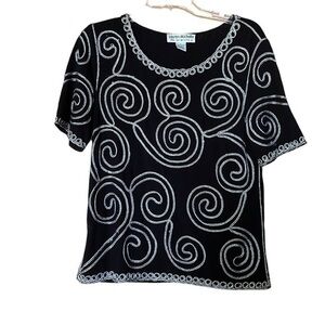 Lauren Michelle Vintage Embroidered Top Black Silver Swirl Formal Women’s Large